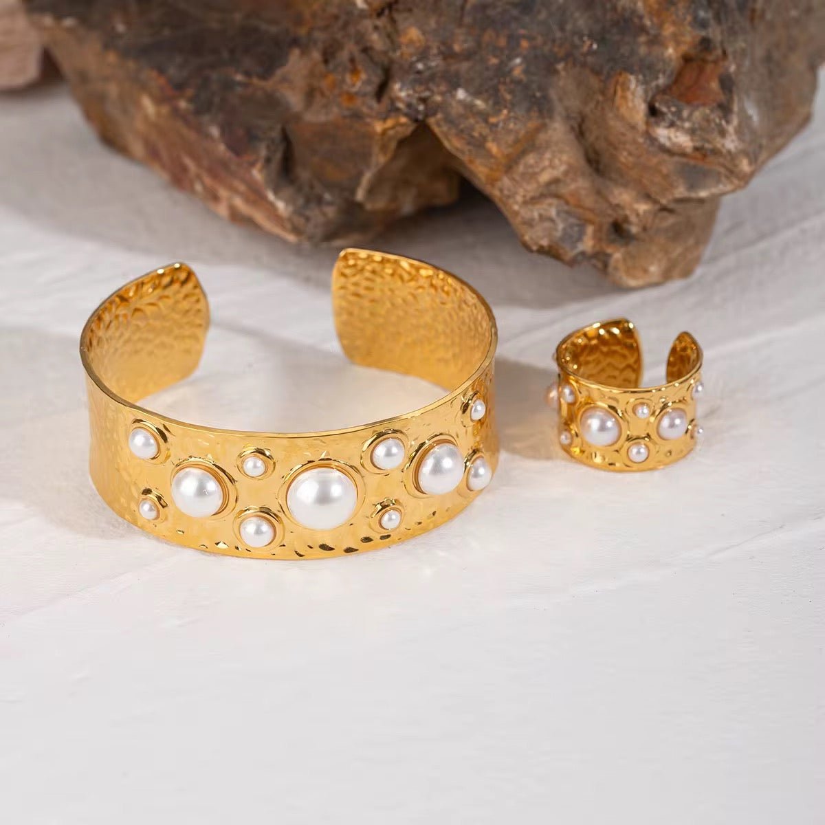 Aurelia Pearl Hammered Cuff Bangle - Calilo Australia