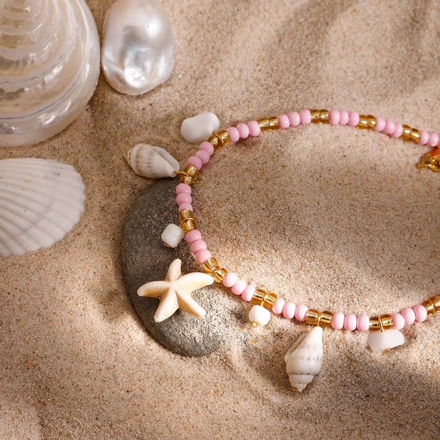 Lila Pink Seed Beads Seashell Charm Anklet - Calilo Australia