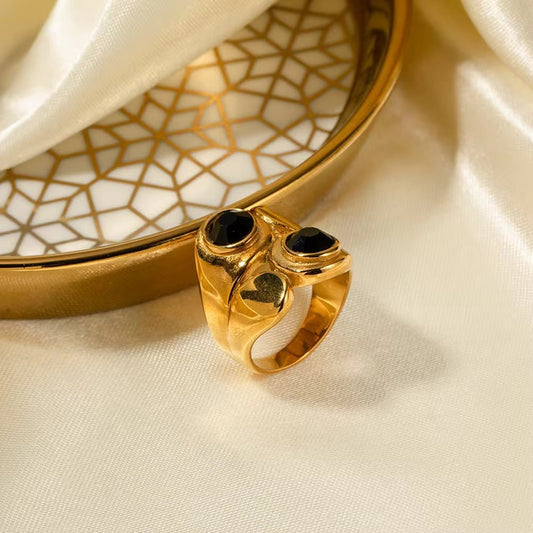 Trish Double Layer Black Stone Open Ring - Calilo Australia