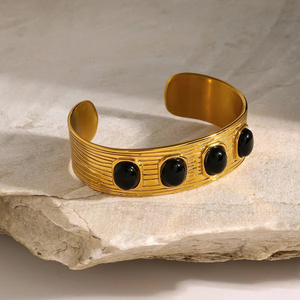 Wide Horizontal Stripes Black Agate Open Cuff Bracelet - Calilo Australia