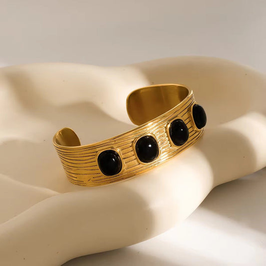 Wide Horizontal Stripes Black Agate Open Cuff Bracelet - Calilo Australia