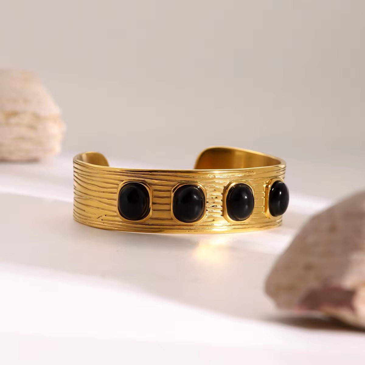 Wide Horizontal Stripes Black Agate Open Cuff Bracelet - Calilo Australia