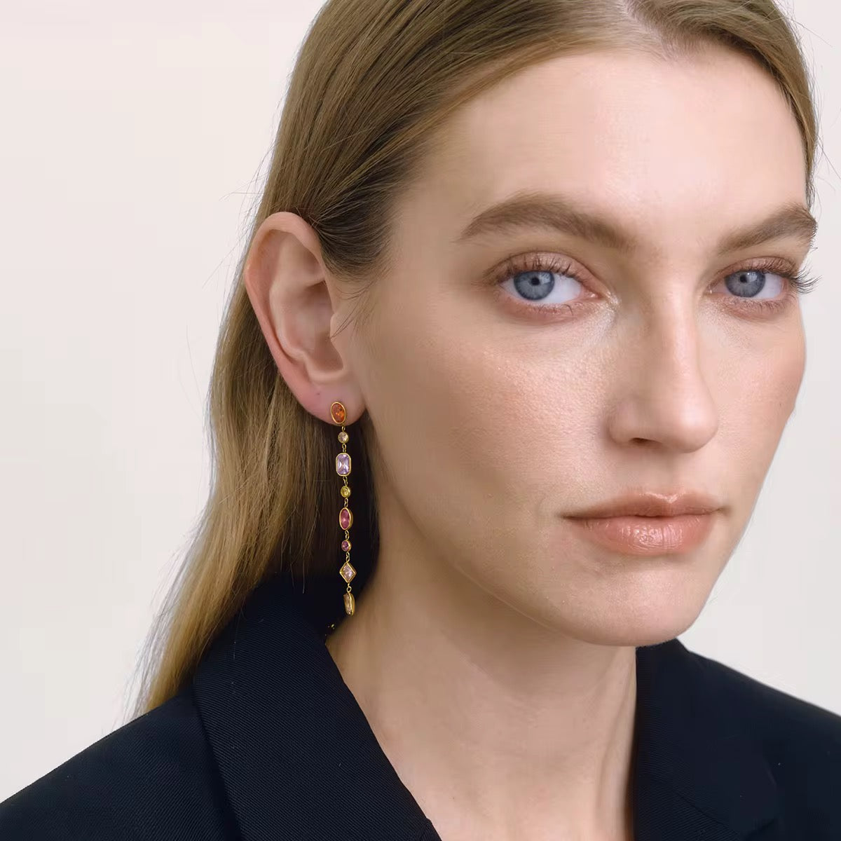 Long multicolour drop earrings with zircon stones