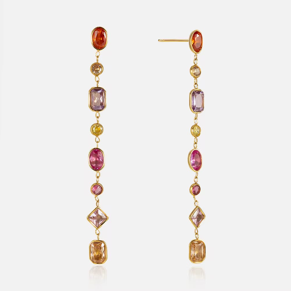 Long multicolour drop earrings with zircon stones