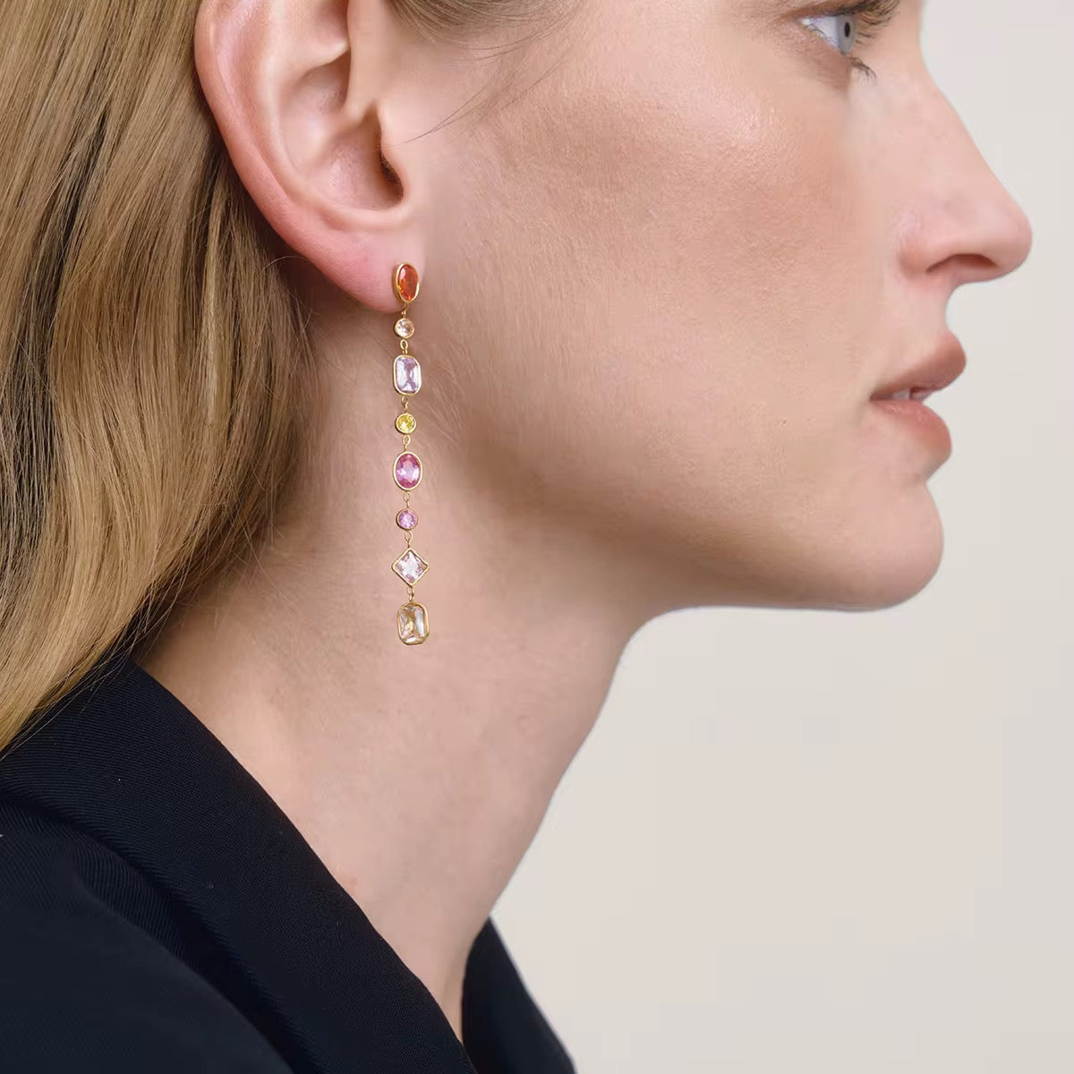 Long multicolour drop earrings with zircon stones