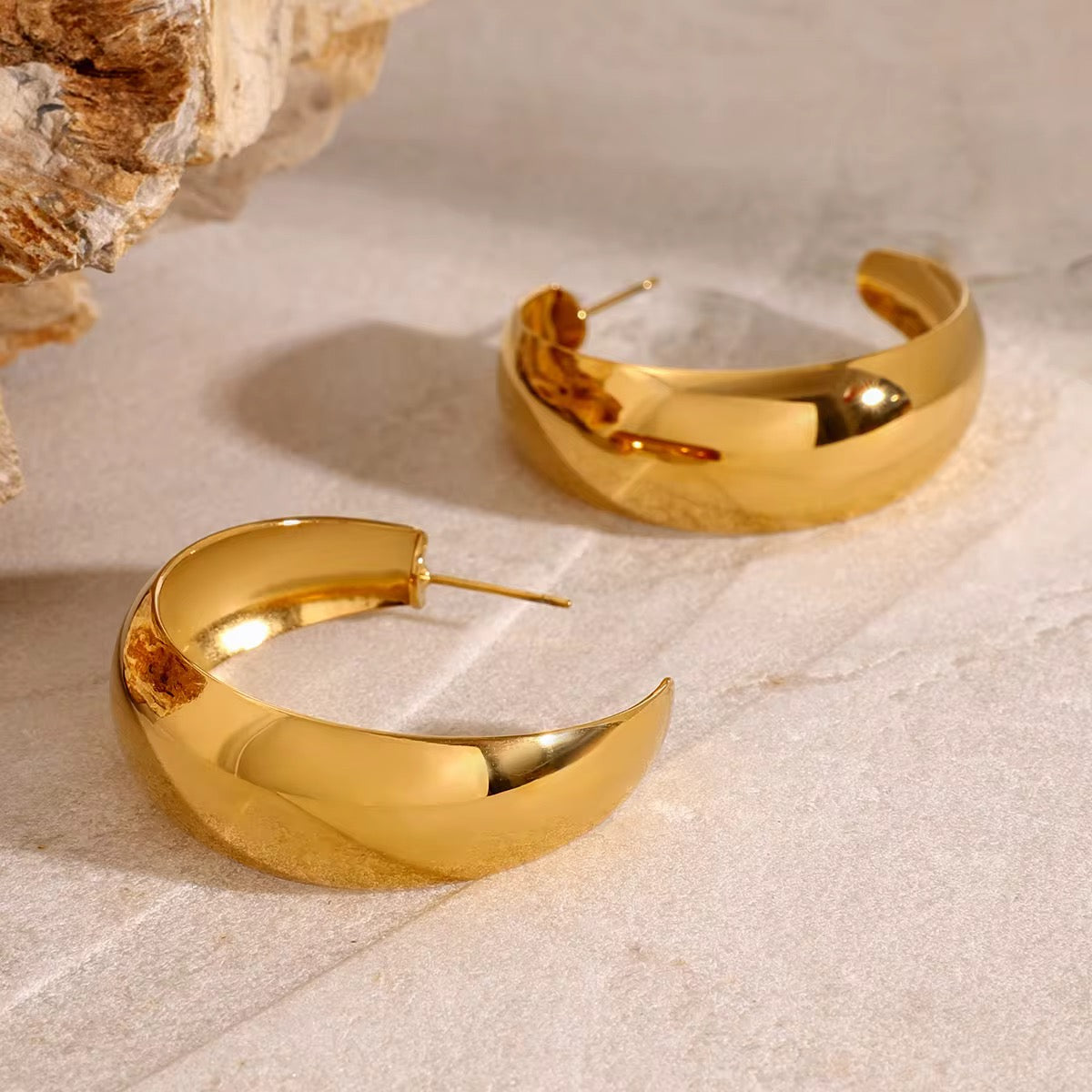 Tarnish resistant gold hoop earrings close up