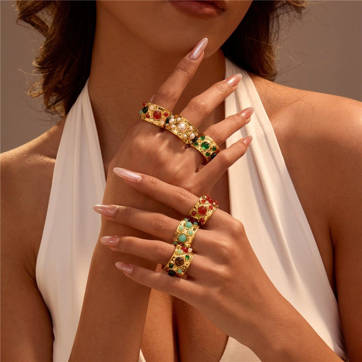 Aurelia Jade Gemstone Hammered Ring - Calilo Australia