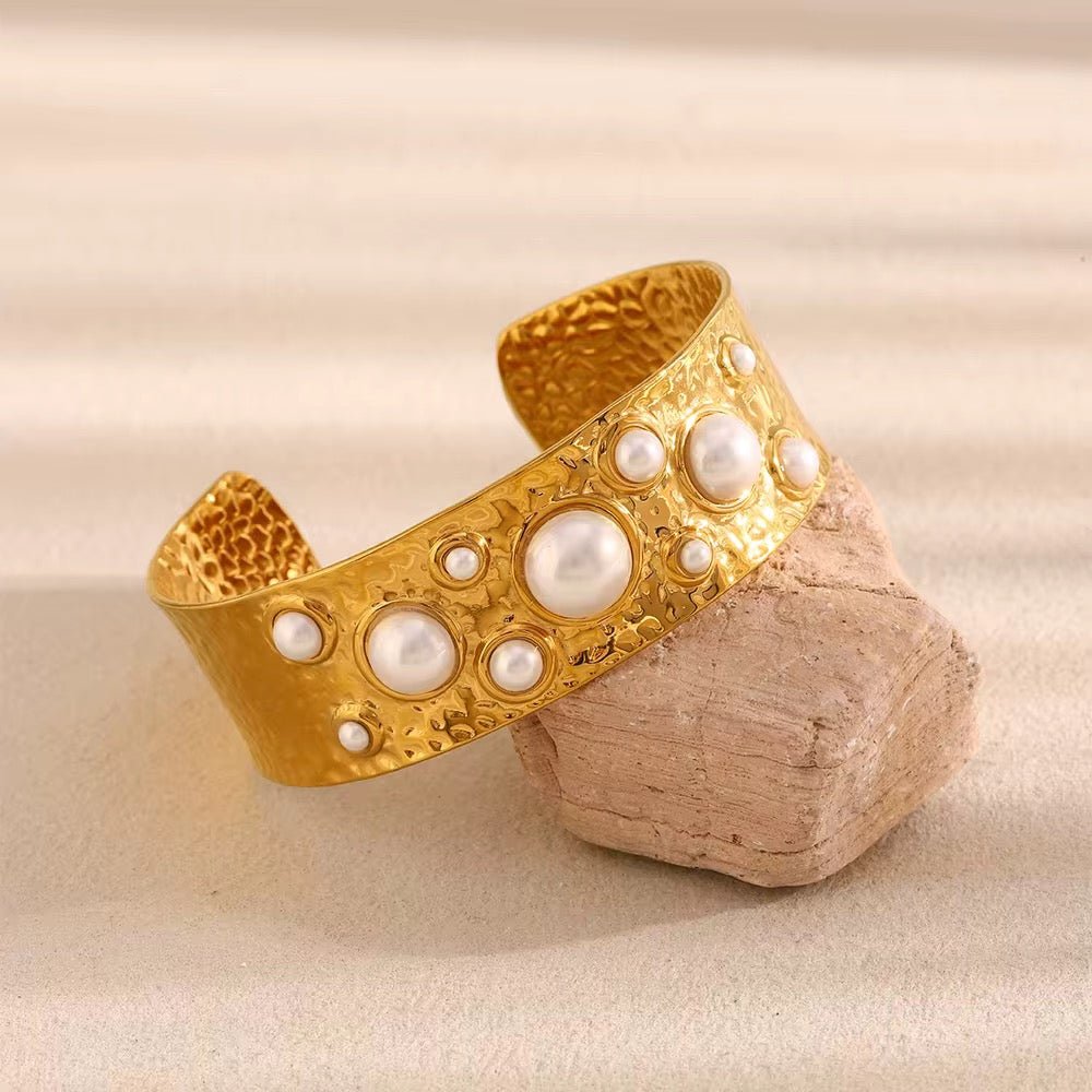 Aurelia Pearl Hammered Cuff Bangle - Calilo Australia