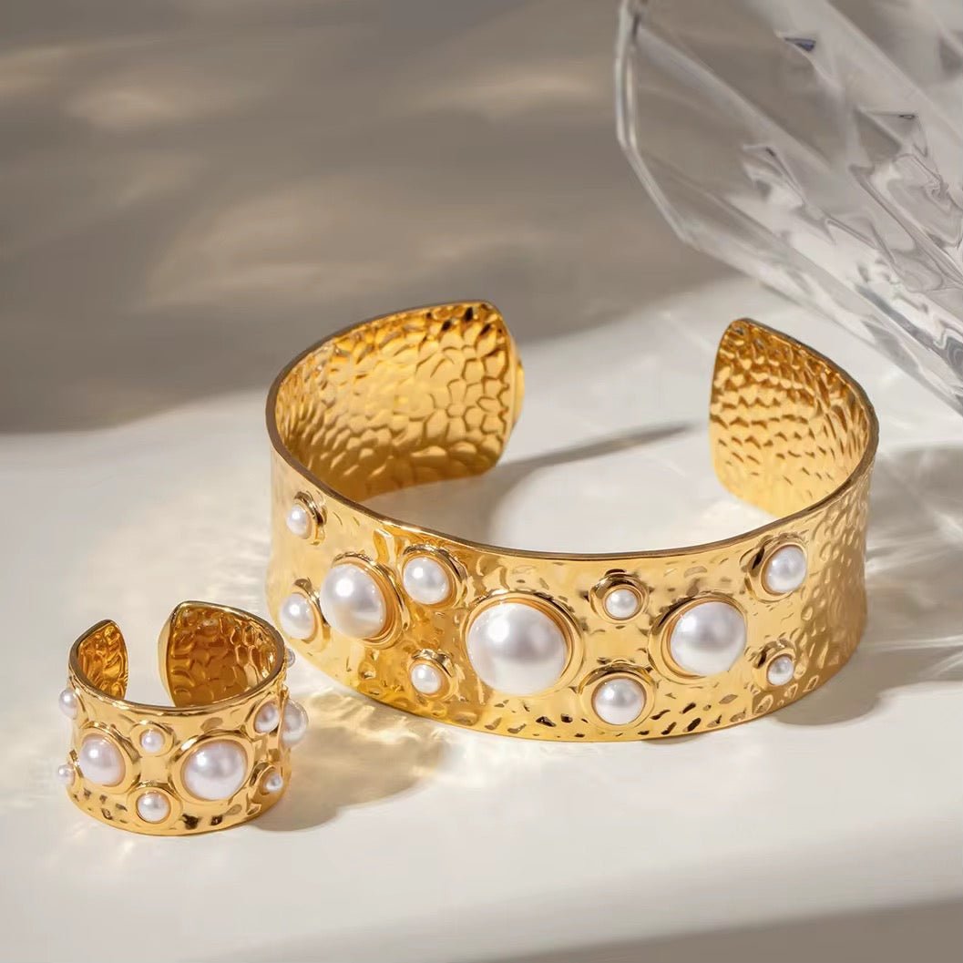 Aurelia Pearl Hammered Cuff Bangle - Calilo Australia