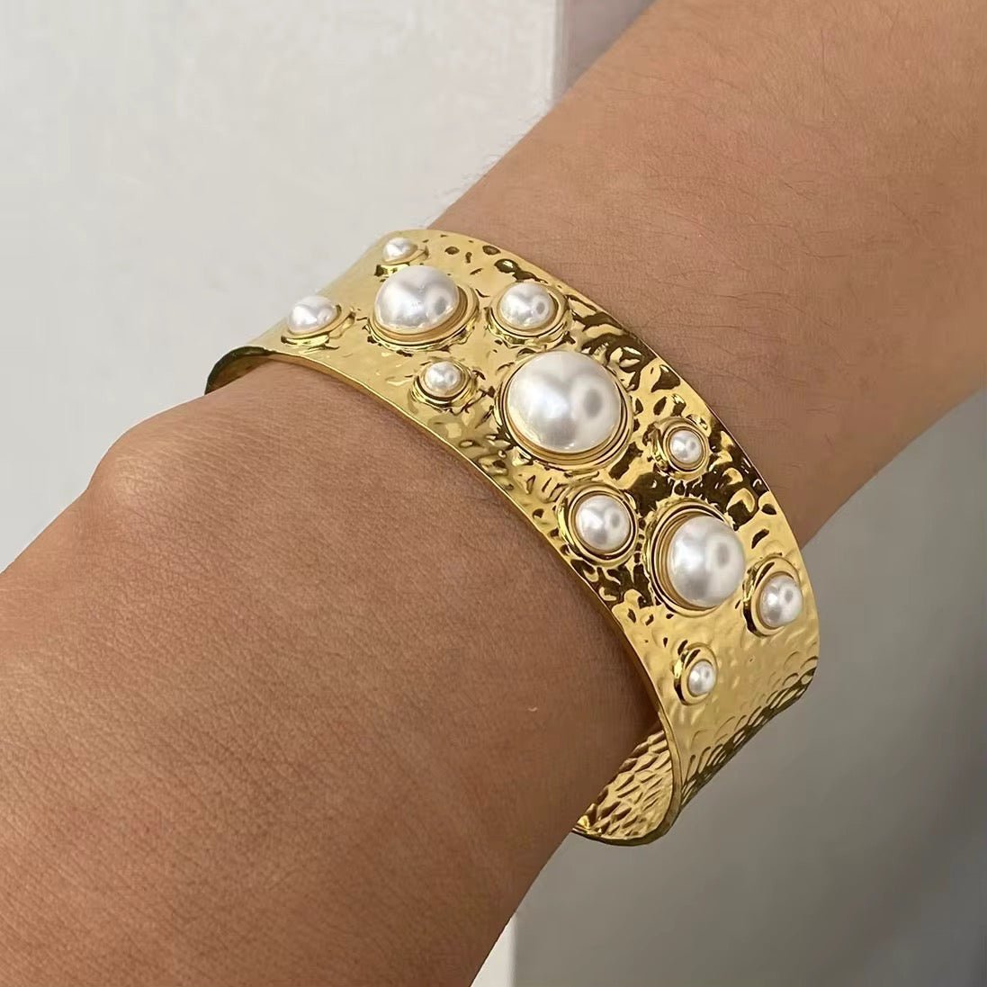 Aurelia Pearl Hammered Cuff Bangle - Calilo Australia