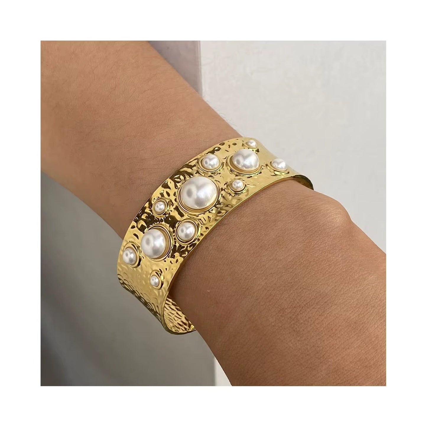 Aurelia Pearl Hammered Cuff Bangle - Calilo Australia