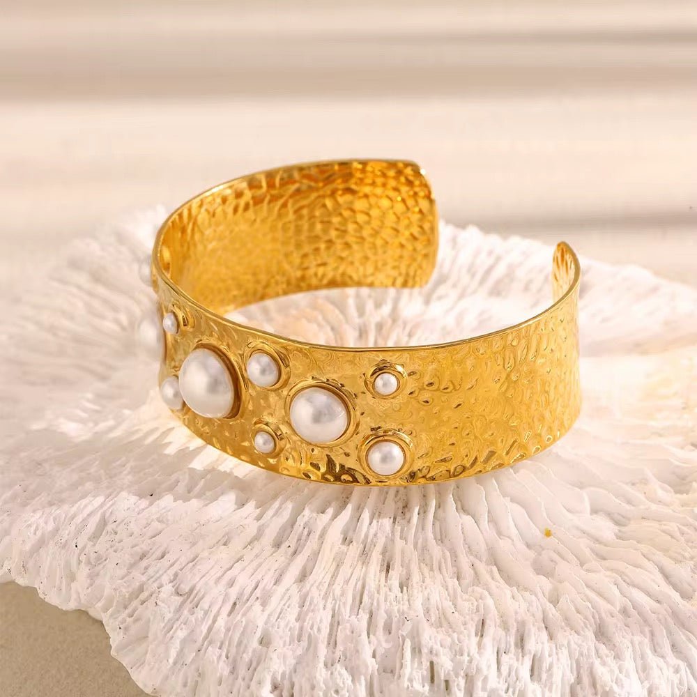 Aurelia Pearl Hammered Cuff Bangle - Calilo Australia