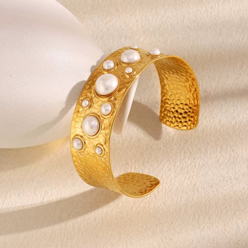 Aurelia Pearl Hammered Cuff Bangle - Calilo Australia