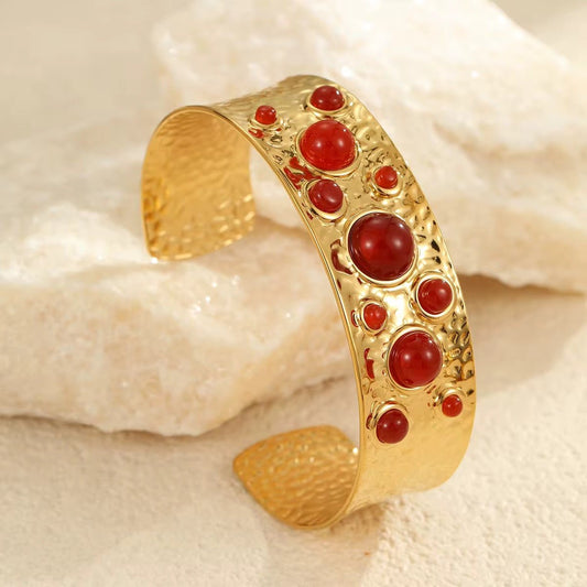 Aurelia Red Garnet Hammered Cuff Bangle - Calilo Australia