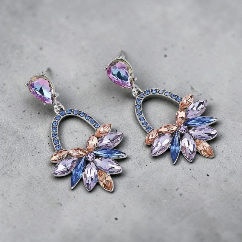 Calilo Australia Adele statement drop earrings with lilac, blue, and champagne crystals in a silver-tone setting.