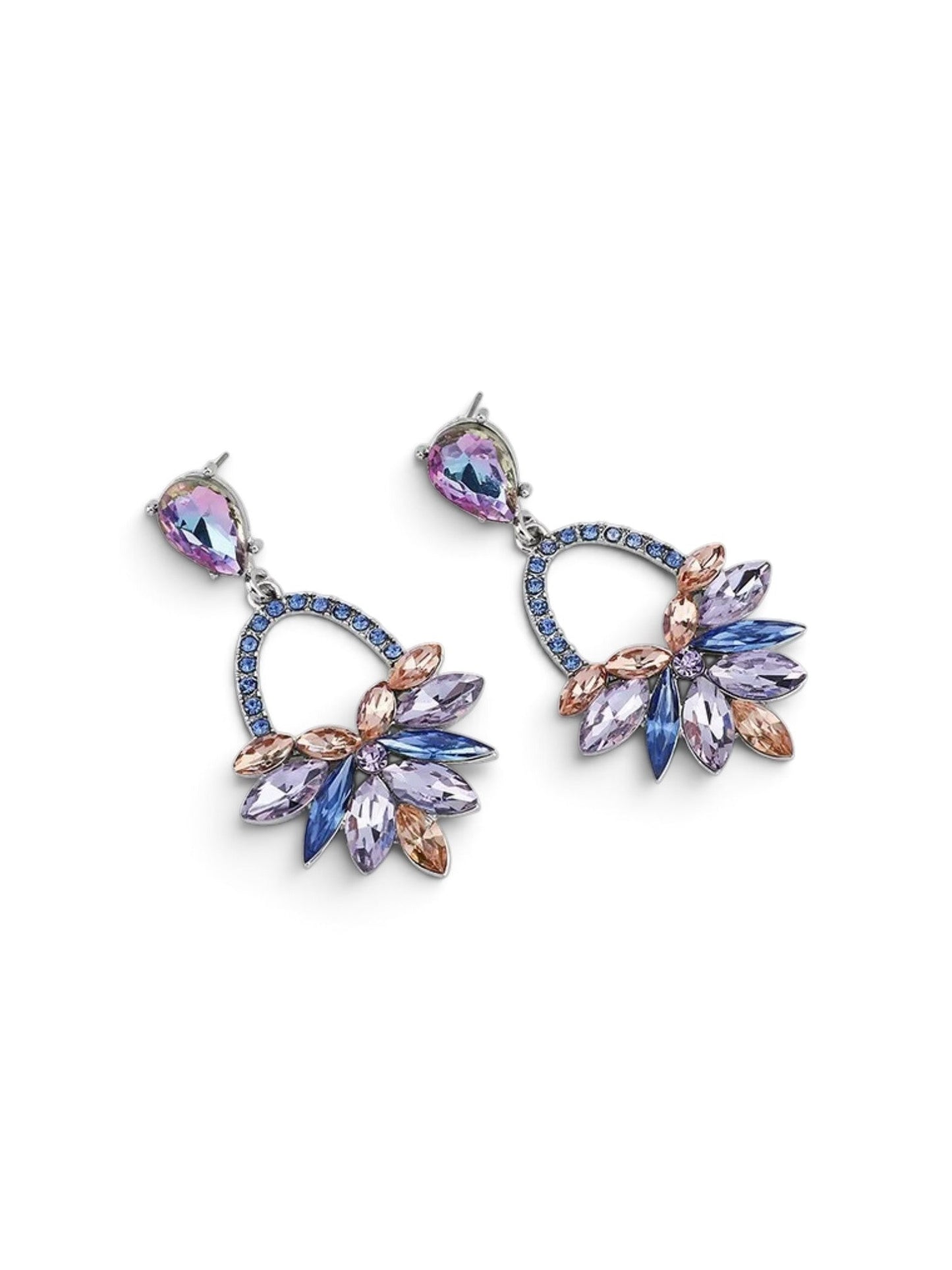 Calilo Australia Adele statement drop earrings featuring multi-faceted lilac, blue, and champagne crystals in silver.