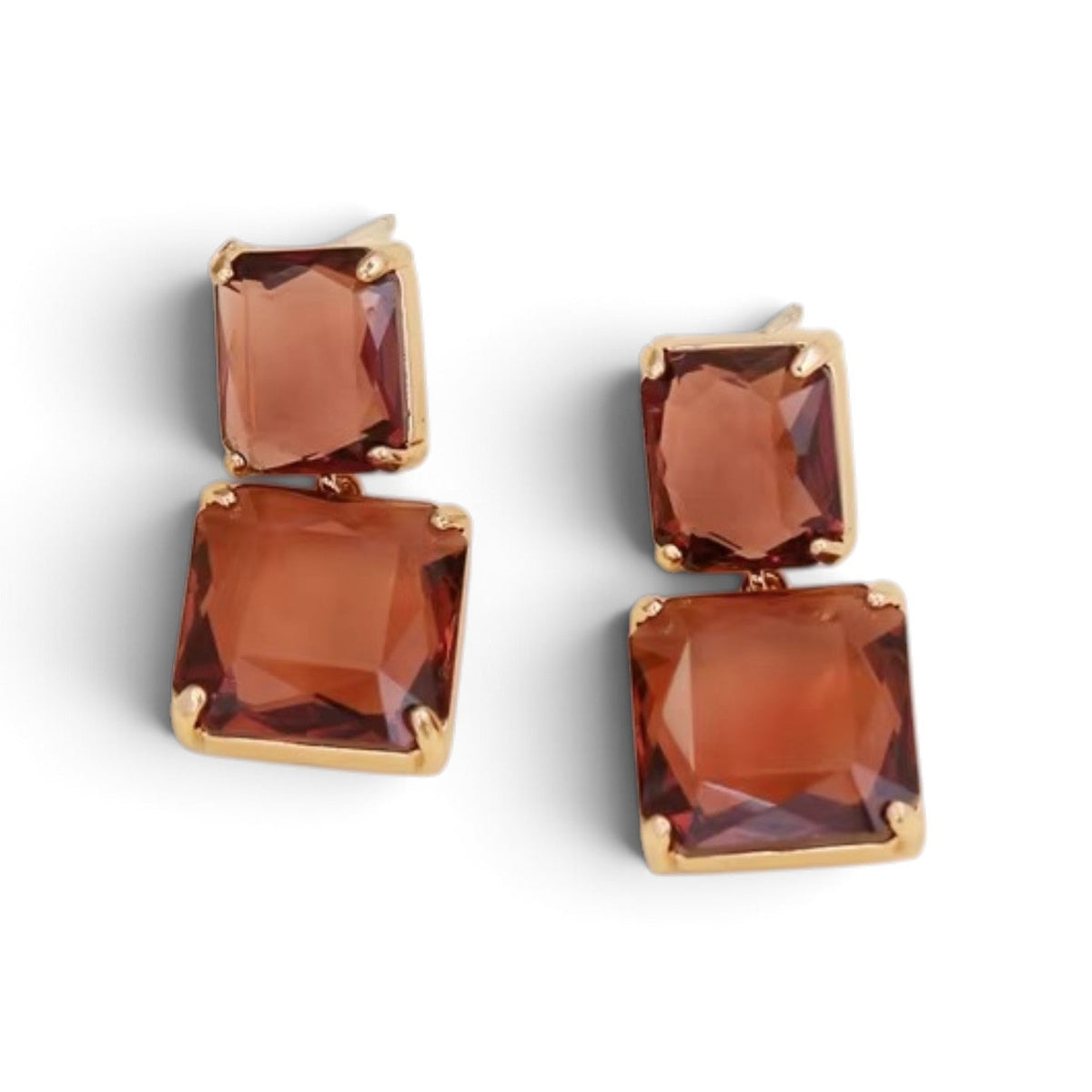 Calilo Australia double-drop earrings featuring faceted amber-toned rectangular stones in polished gold-tone frames.