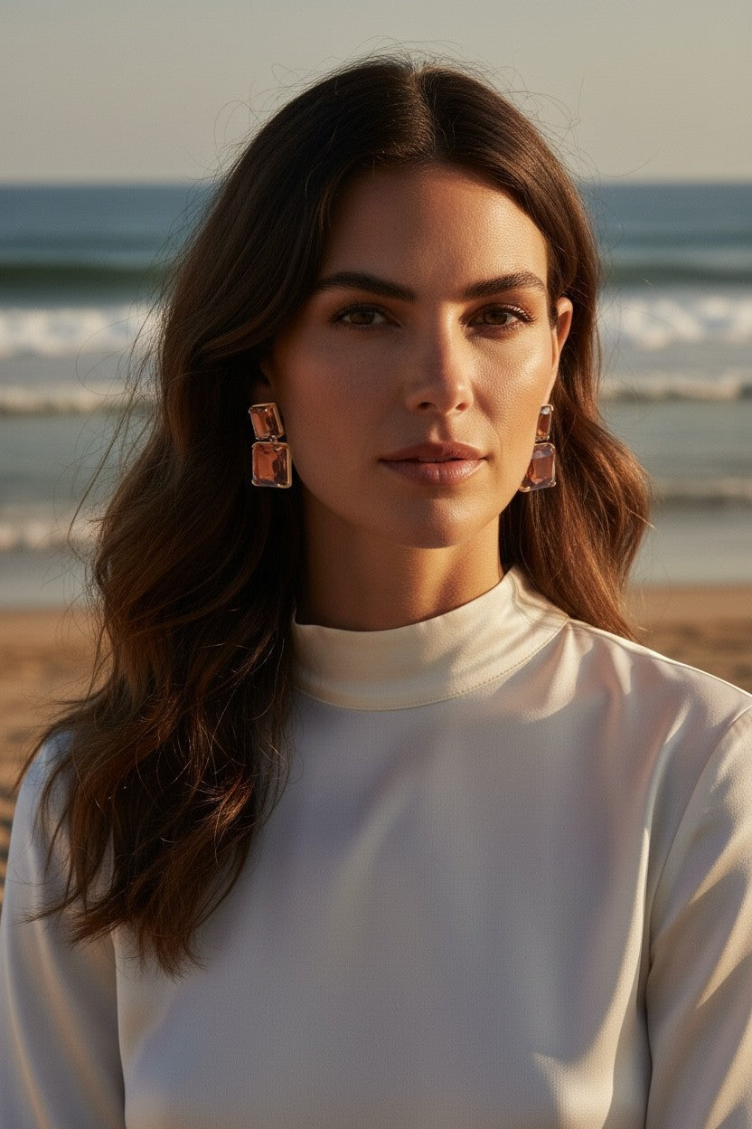 Calilo Australia elegant double-drop earrings with amber-toned rectangular stones in a polished gold-tone frame.