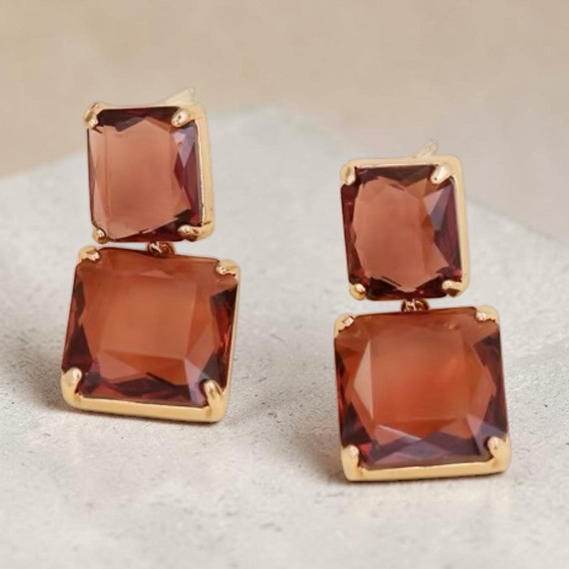 Calilo Australia elegant double-drop earrings featuring faceted amber-toned rectangular stones in gold-tone frames.