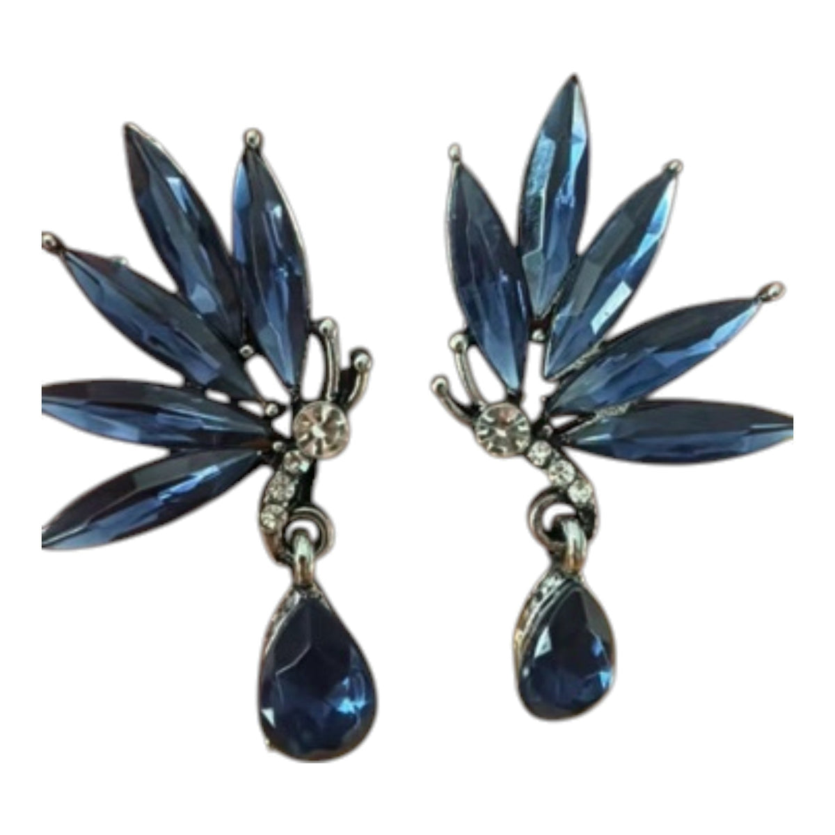 Calilo Australia midnight-blue crystal butterfly drop earrings with silver-toned setting and clear pavé accents.