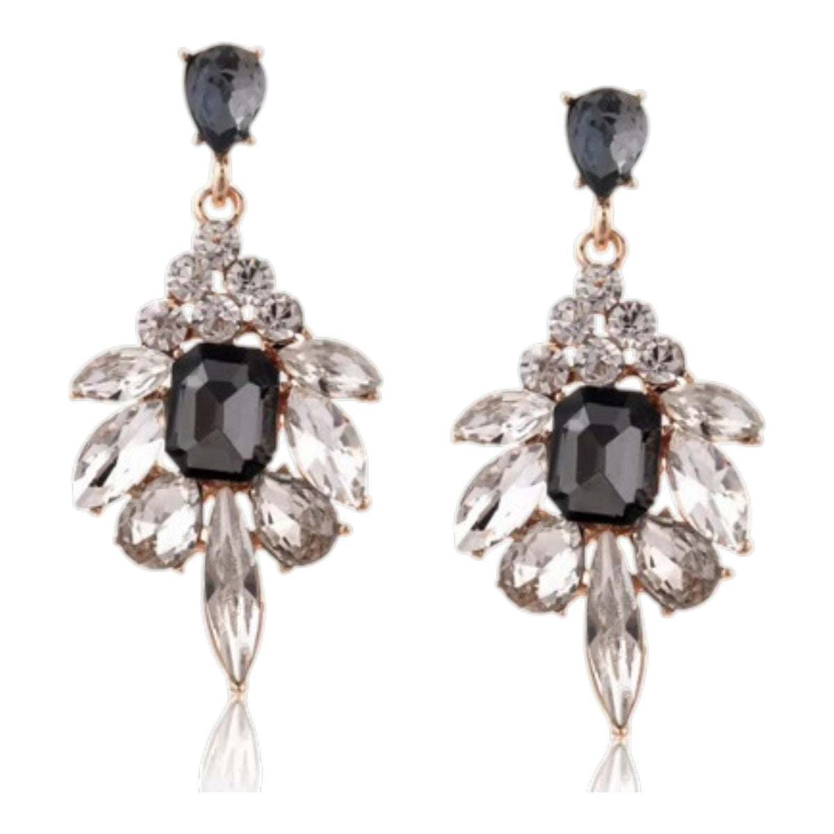 Calilo Australia chandelier drop earrings featuring charcoal-grey and clear crystals in a floral silhouette.