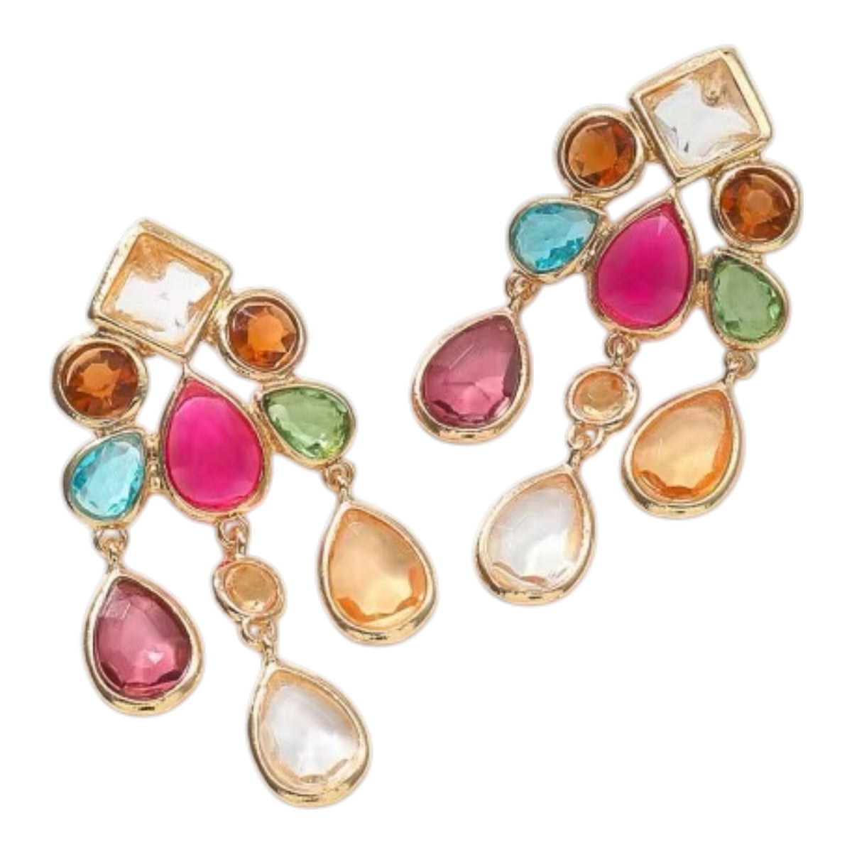 Calilo Australia Estelle drop earrings featuring multi-colored faceted teardrop crystals in a gold-tone setting.