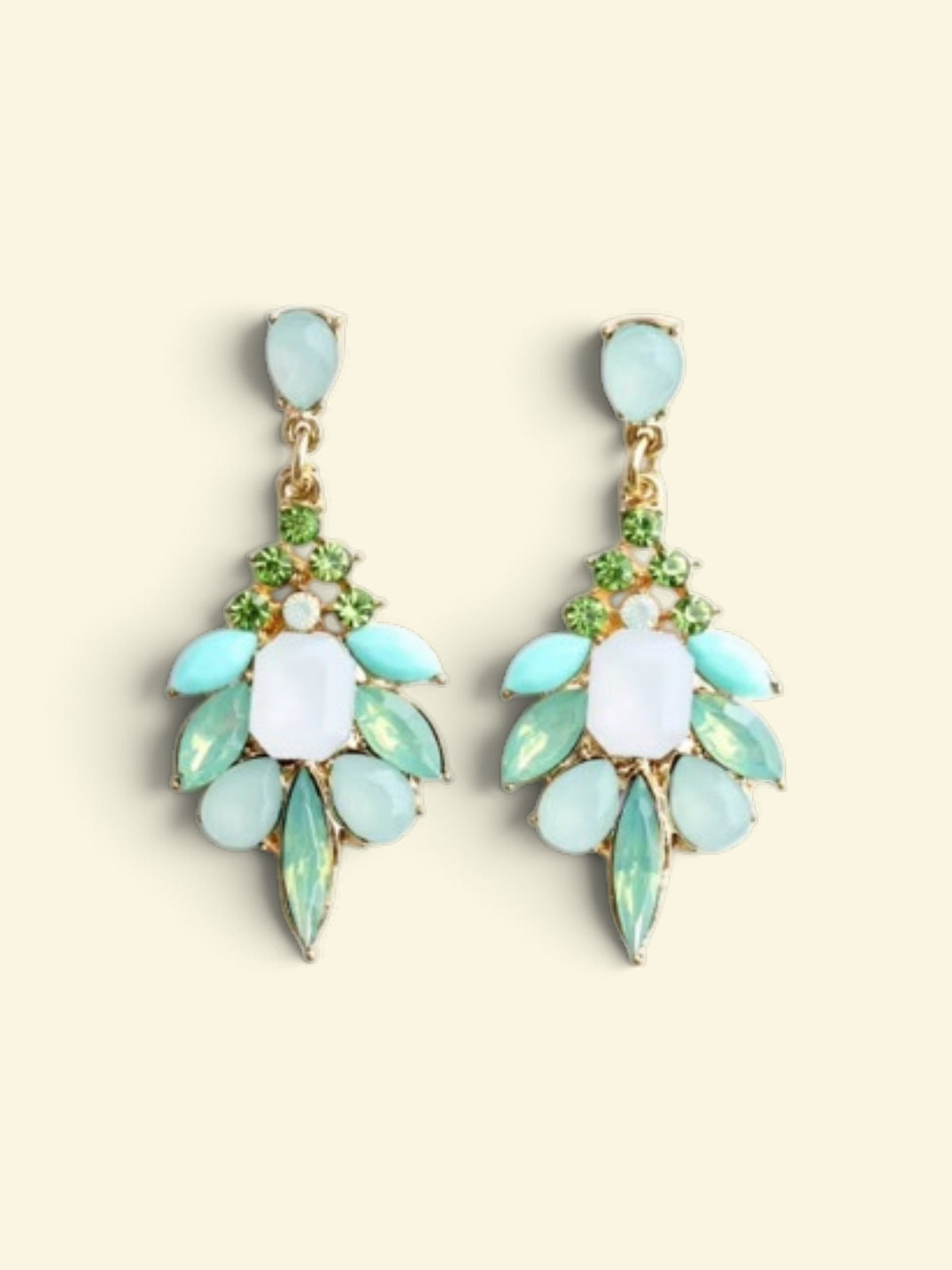 Calilo Australia statement drop earrings featuring mint, lime green, and white gemstones on a polished gold-tone base.