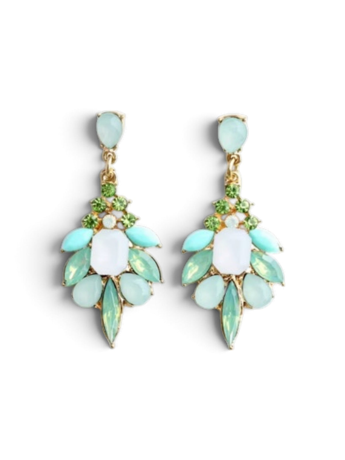 Calilo Australia statement drop earrings featuring mint, lime green, and white gemstones on a polished gold-tone base.