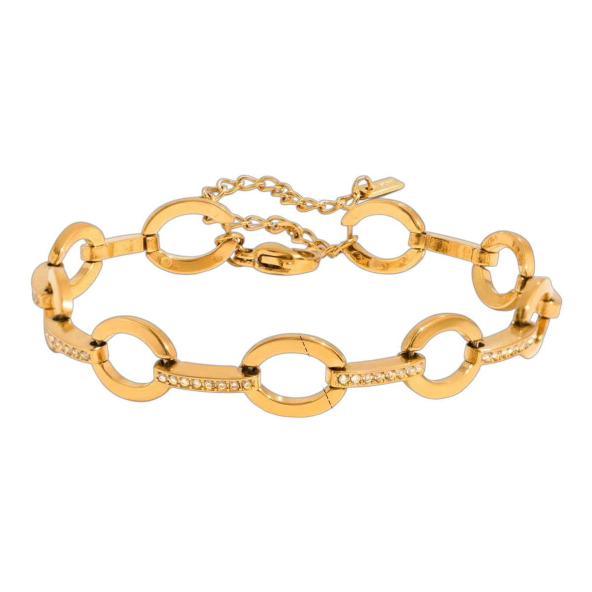 Calilo Australia gold chain link bracelet featuring polished circular links with delicate crystal accents.