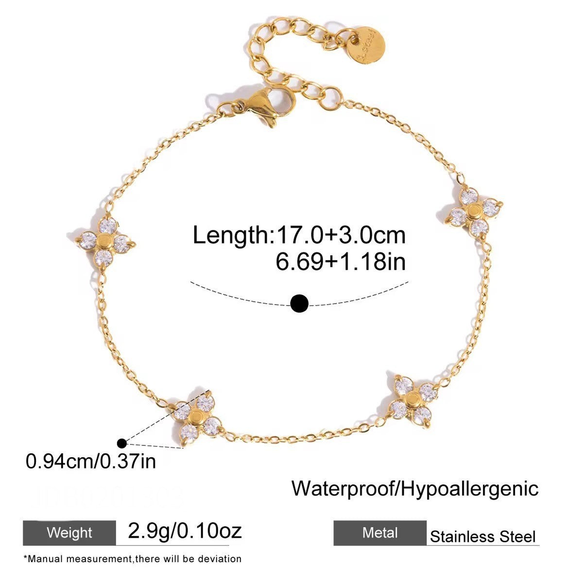 Calilo Australia gold chain bracelet with four floral charms featuring cubic zirconia stones and lobster clasp.