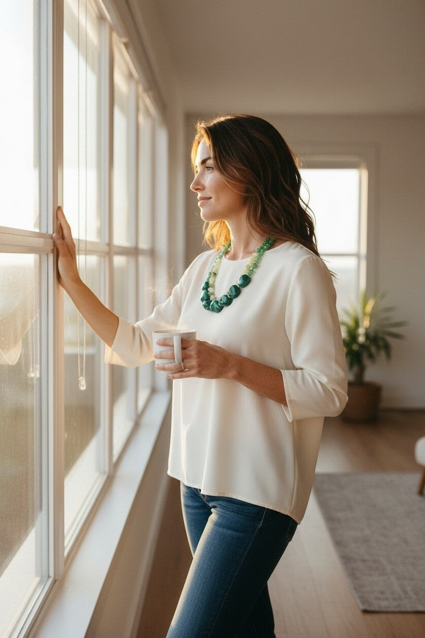 Woman wearing a Calilo Australia layered green beaded statement necklace with a white blouse by a sunlit window.