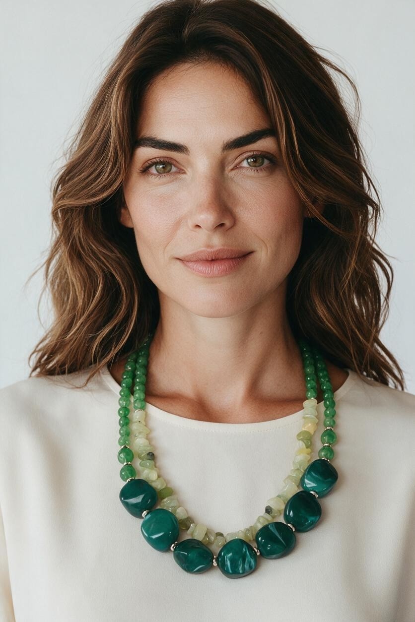 A woman wearing a Calilo Australia multi-strand green beaded statement necklace with mint and emerald resin accents.