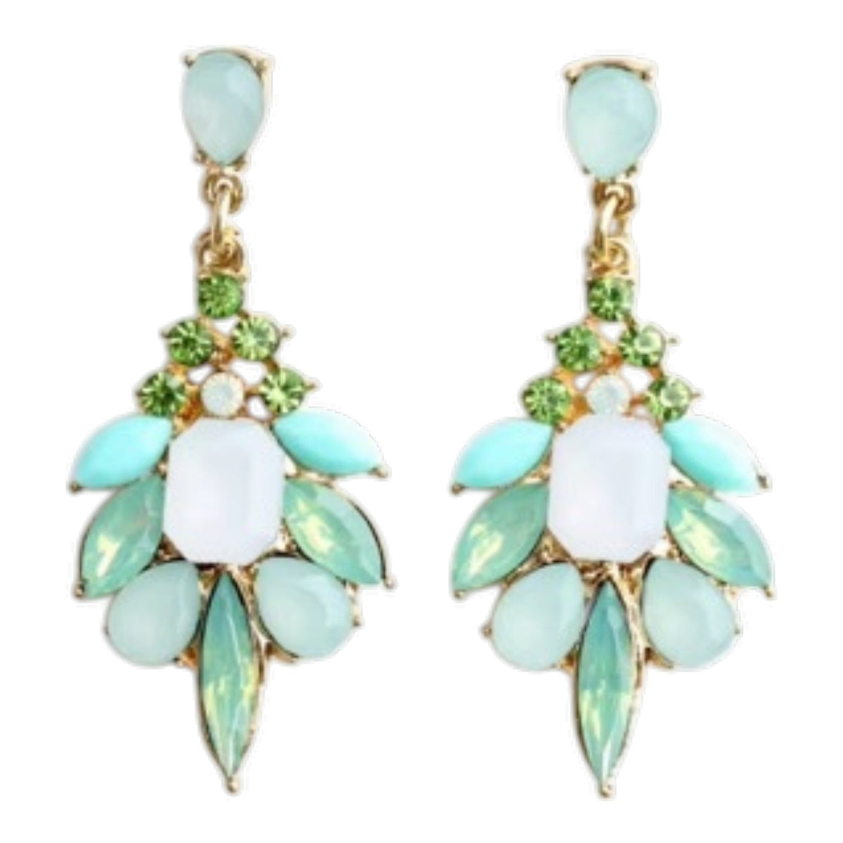Calilo Australia statement drop earrings featuring mint, lime green, and white gemstones on a polished gold-tone base.