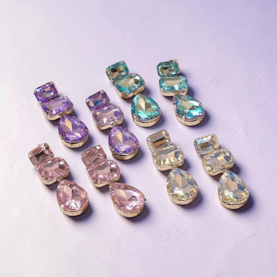 Calilo Australia multi-stone drop earrings in pink, purple, teal, and clear crystals with gold-tone settings.