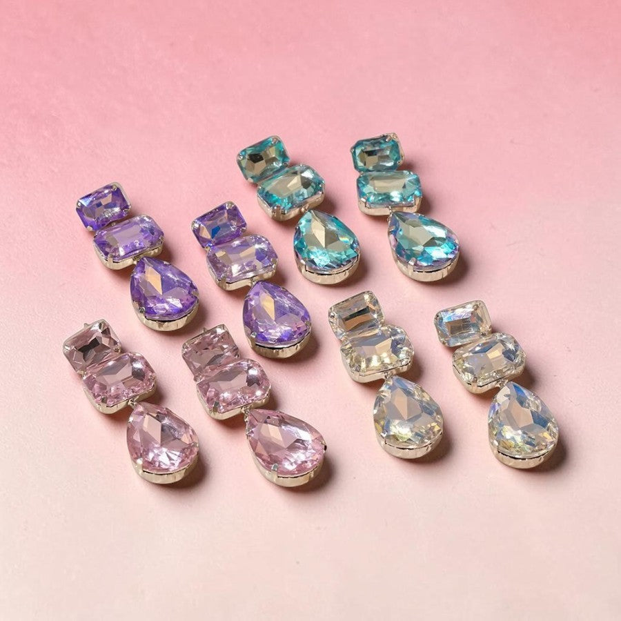 Calilo Australia multi-stone drop earrings featuring iridescent rectangular and pear-shaped crystals in gold-tone metal.