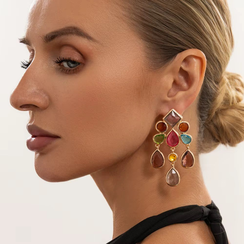 Calilo Australia statement chandelier drop earrings with multi-colored faceted crystals in a gold-tone setting