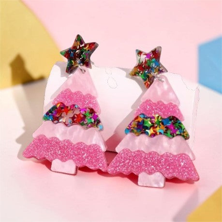 Calilo Australia pink acrylic Christmas tree drop earrings with glitter and multi-colored star accents