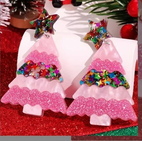 Calilo Australia pink acrylic Christmas tree statement earrings with glitter and multi-colored star accents