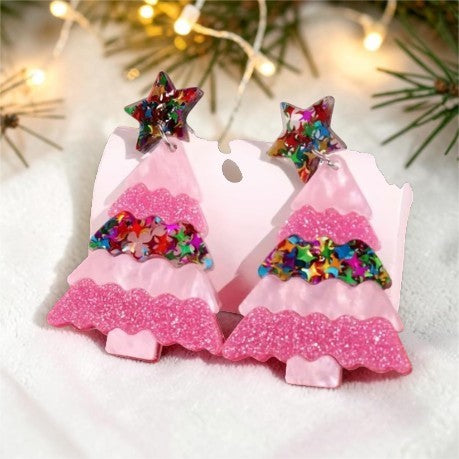 Calilo Australia pink acrylic Christmas tree drop earrings with glitter and multi-colored star accents