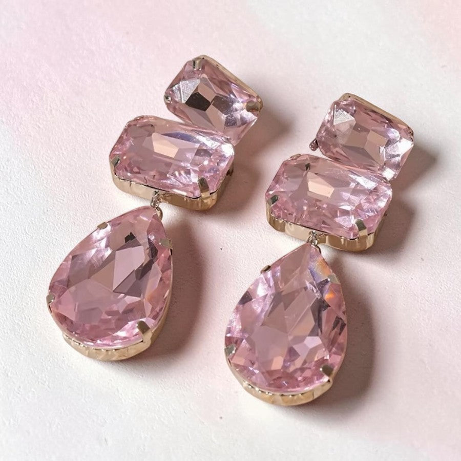 Calilo Australia multi-stone drop earrings featuring faceted pink crystals in a gold-tone setting with teardrop finish