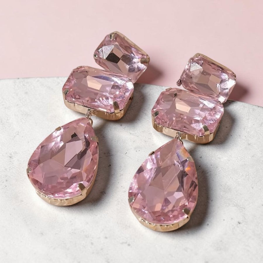 Calilo Australia pink multi-stone drop earrings with faceted crystals and a polished gold-tone setting.
