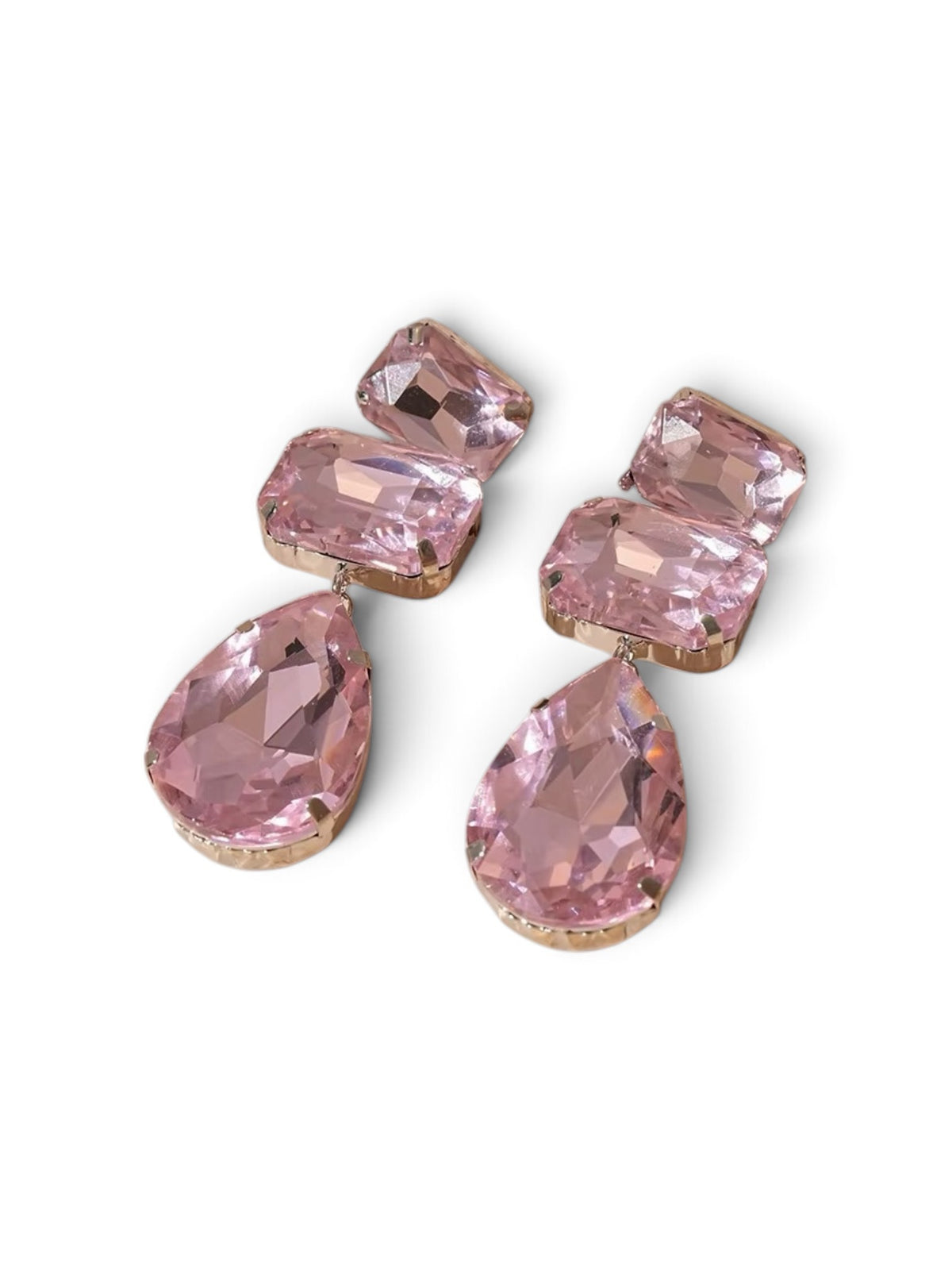Calilo Australia elegant drop earrings featuring multi-faceted pink crystals in a three-tier gold-tone setting.