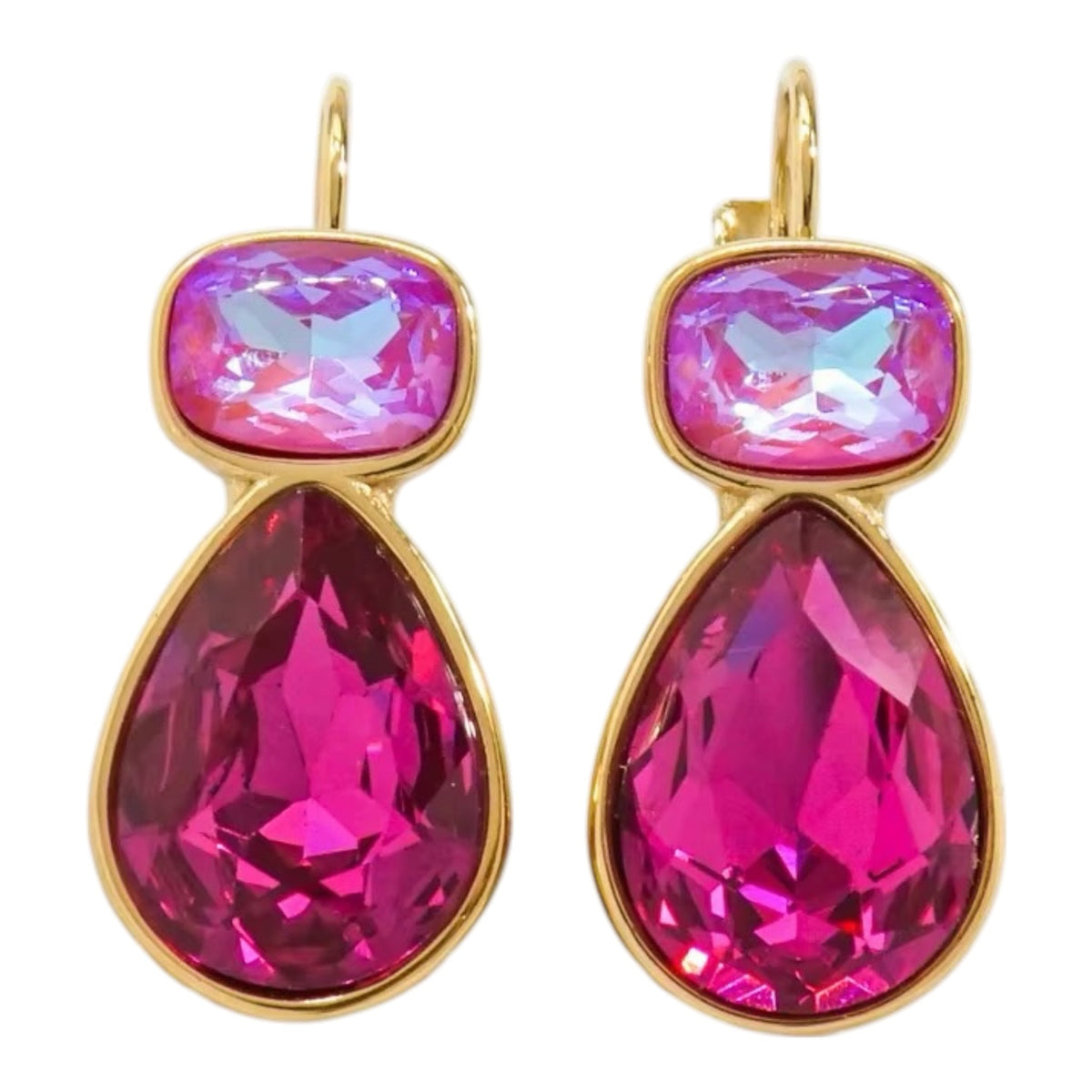 Calilo Australia dual-tone teardrop crystal earrings featuring iridescent pink and fuchsia stones in gold-tone settings.