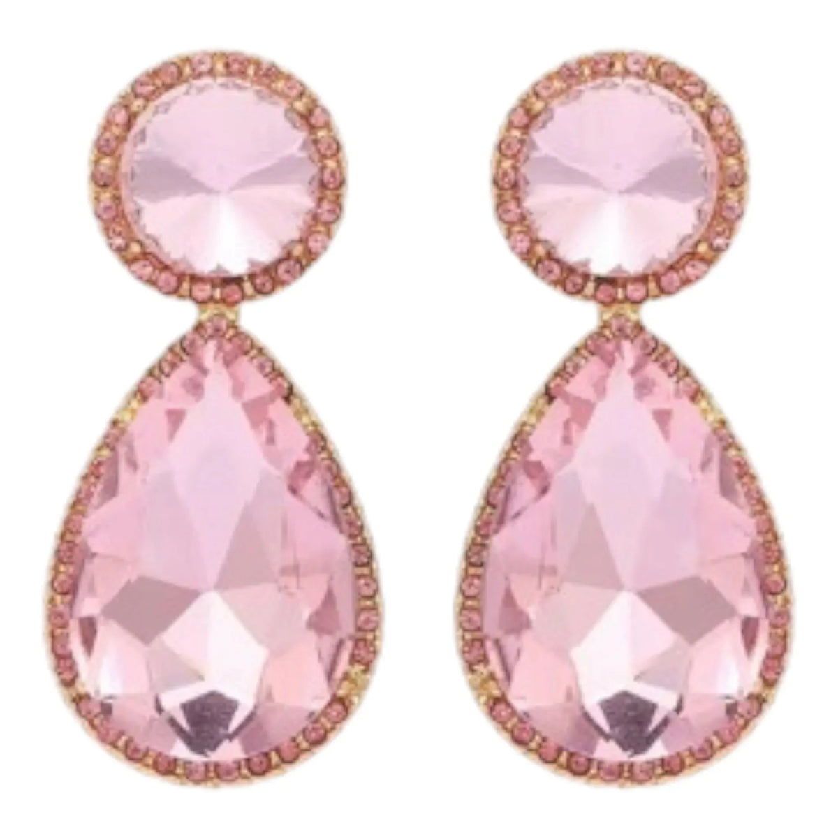 Calilo Australia blush pink teardrop statement earrings with round and pear-shaped crystals in a gold-toned setting.