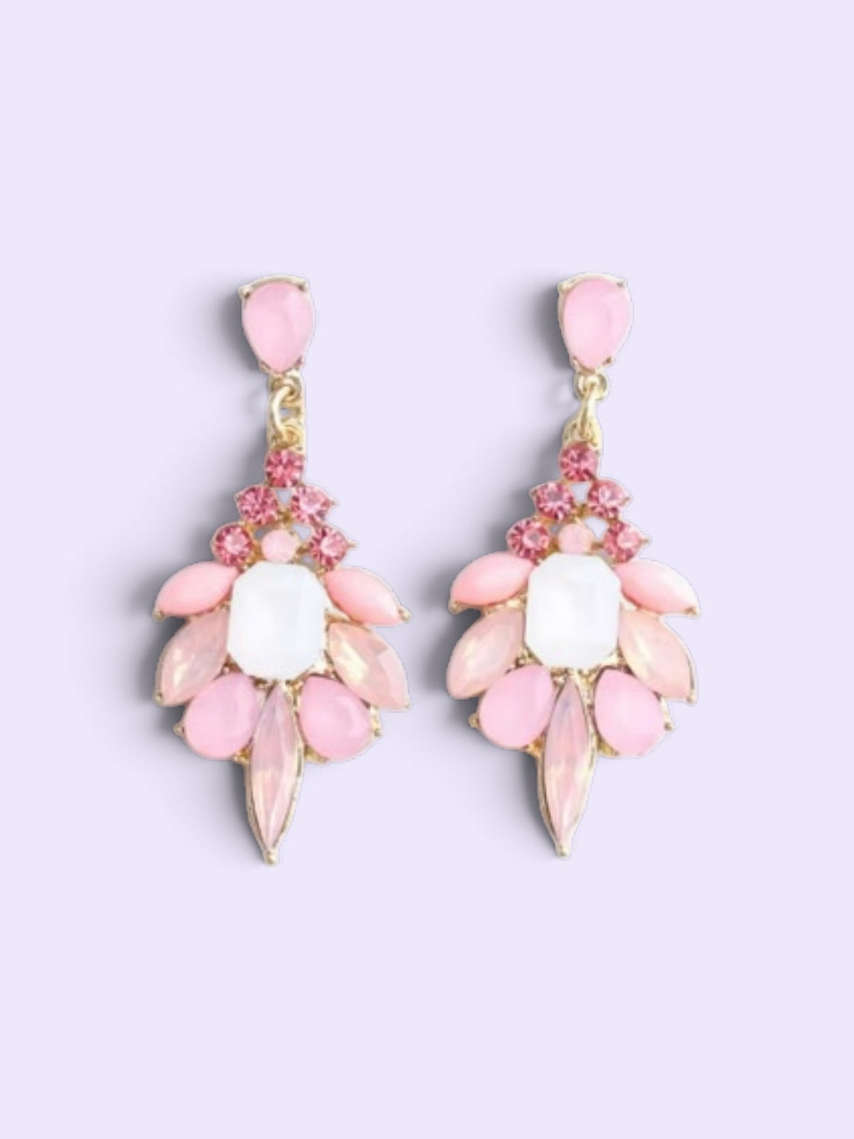 Calilo Australia statement drop earrings featuring pink and white stones in a gold-tone chandelier setting.