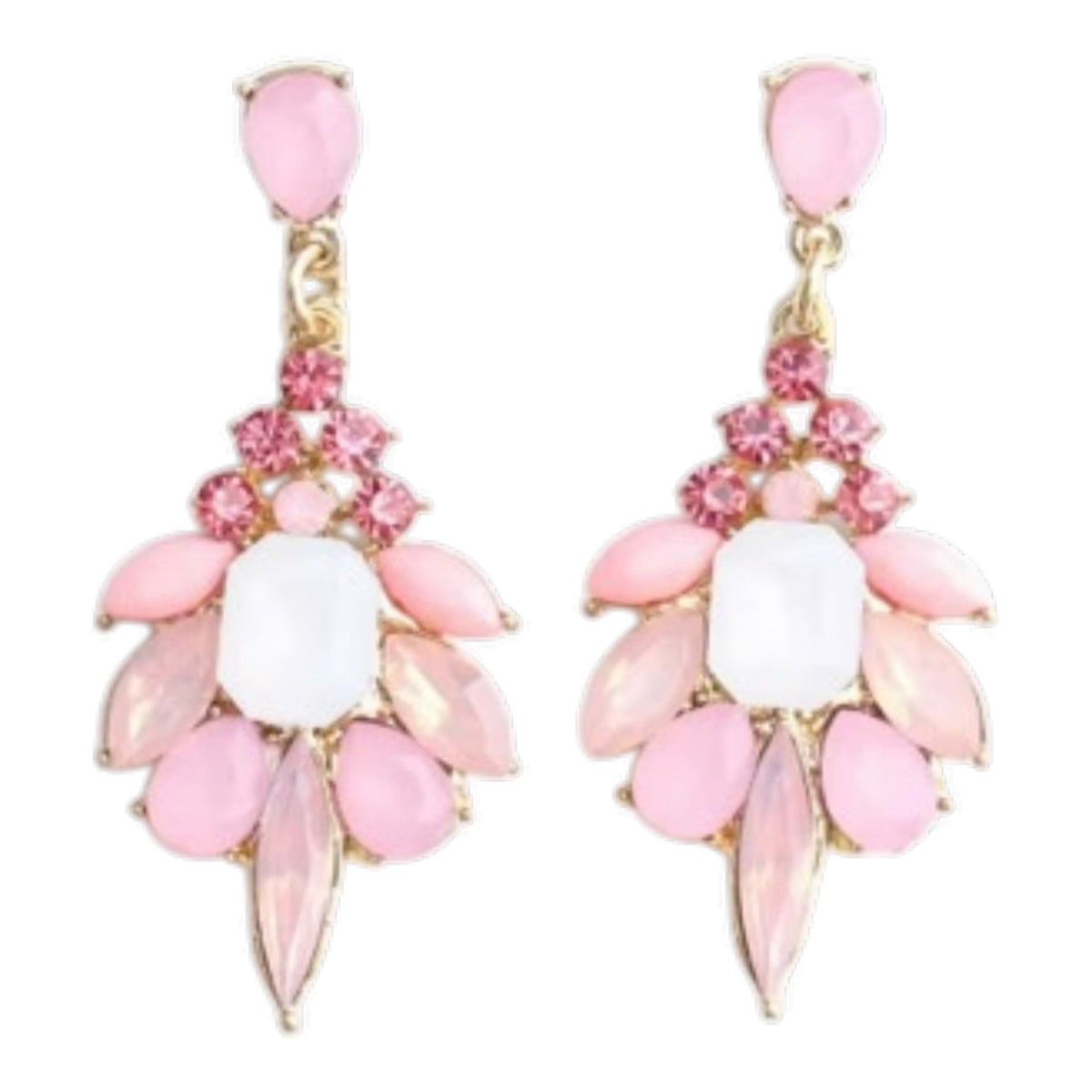 Calilo Australia statement drop earrings featuring pink and white stones in a gold-tone chandelier setting.