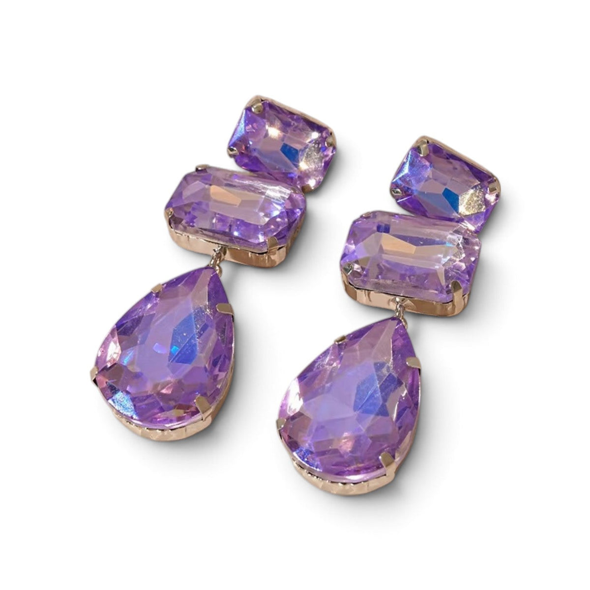 Calilo Australia multi stone drop earrings featuring iridescent purple crystals in gold-tone settings.
