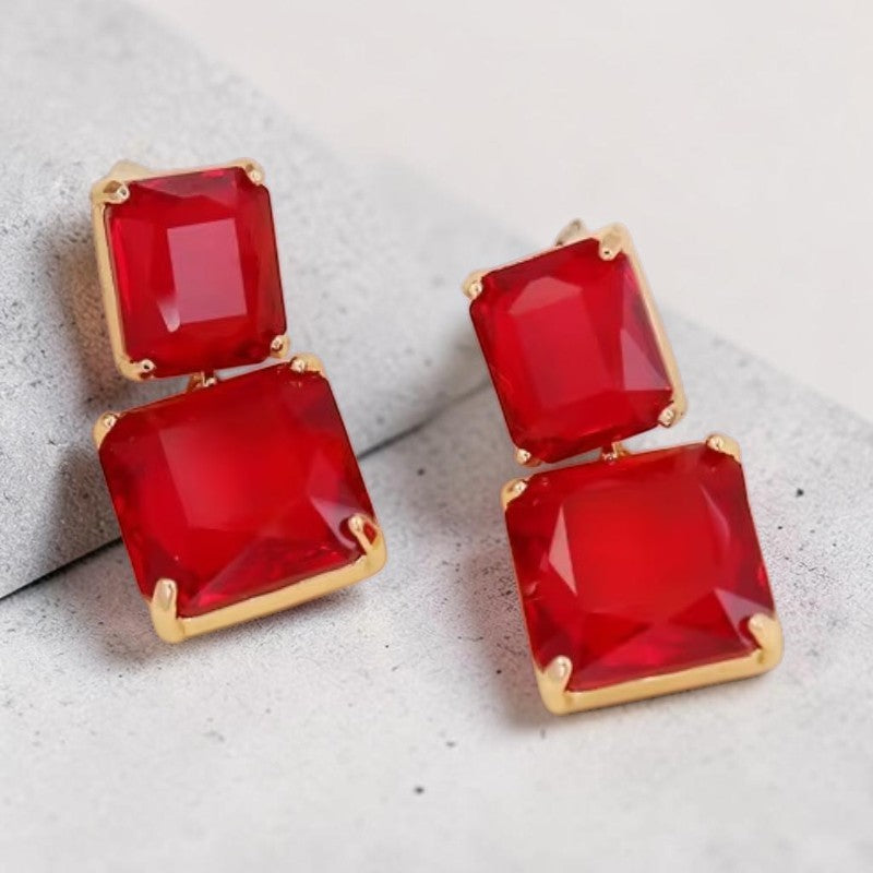 Calilo Australia double-drop square earrings featuring vibrant red faceted stones in a polished gold-tone setting.
