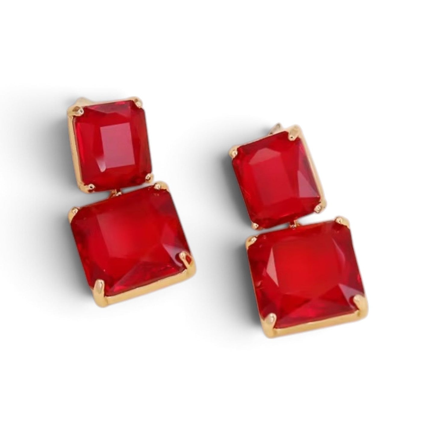 Calilo Australia double-drop square earrings featuring vibrant red faceted stones in a polished gold-tone setting.