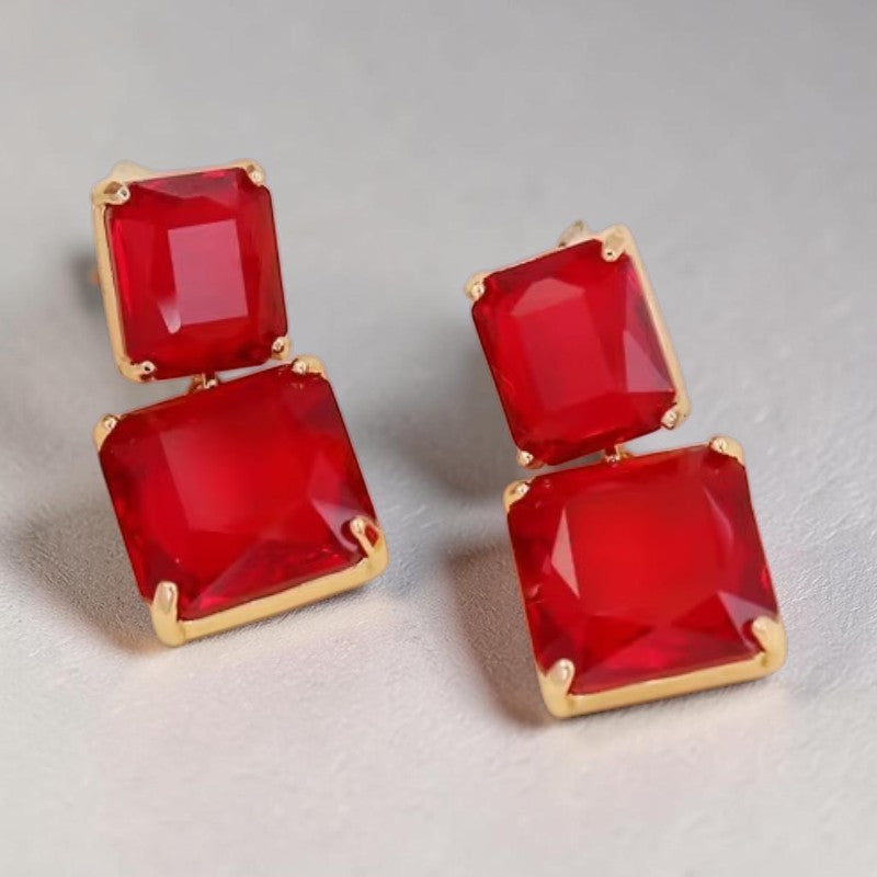 Calilo Australia double-drop square earrings featuring vibrant red faceted stones in a polished gold-tone setting.